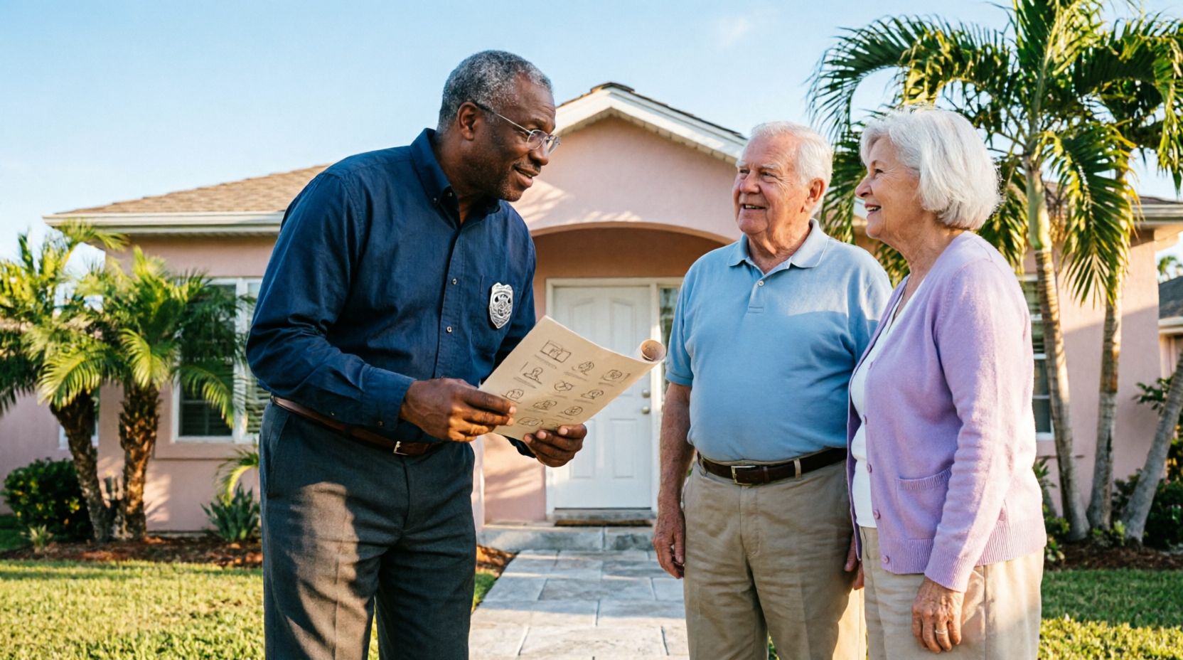 Friendly safety educator consulting with homeowners