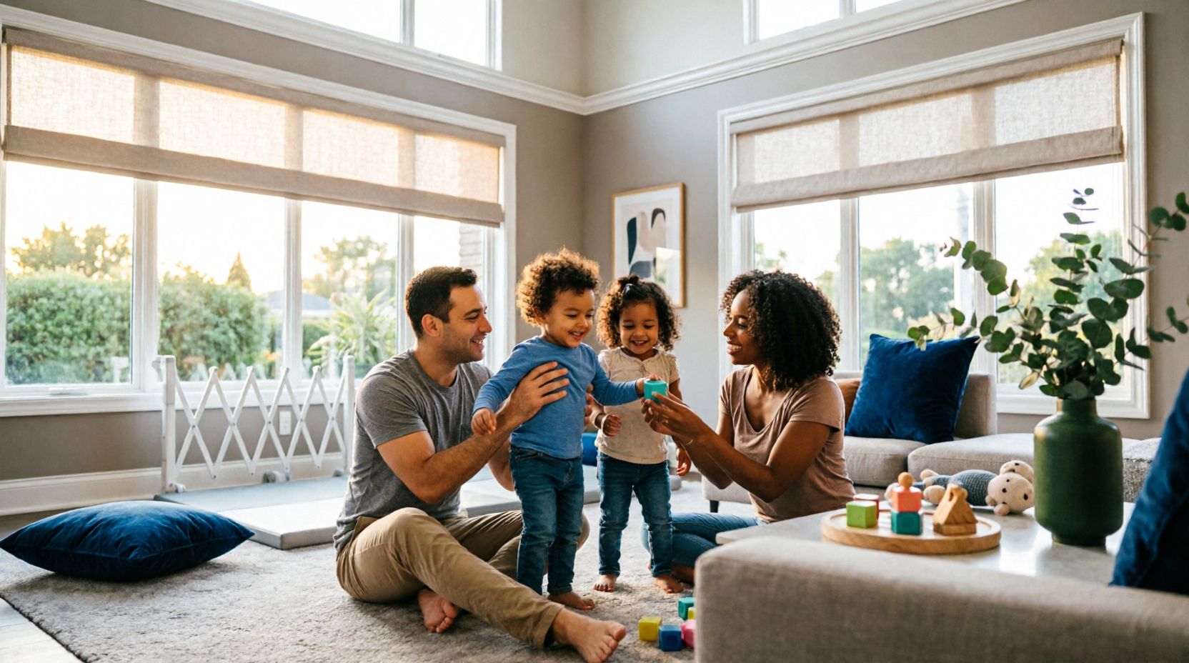 Happy family in a safe, childproofed home environment